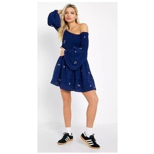 Free People Counting Daisies Smocked Blue Embroidered Off-the-Shoulder Dress | M
